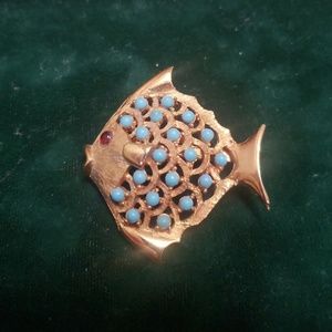 J.J. Red glass eye, gold tone, fish brooch
